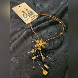 Elegant Tigers Eye Necklace with Floral Design With Earrings